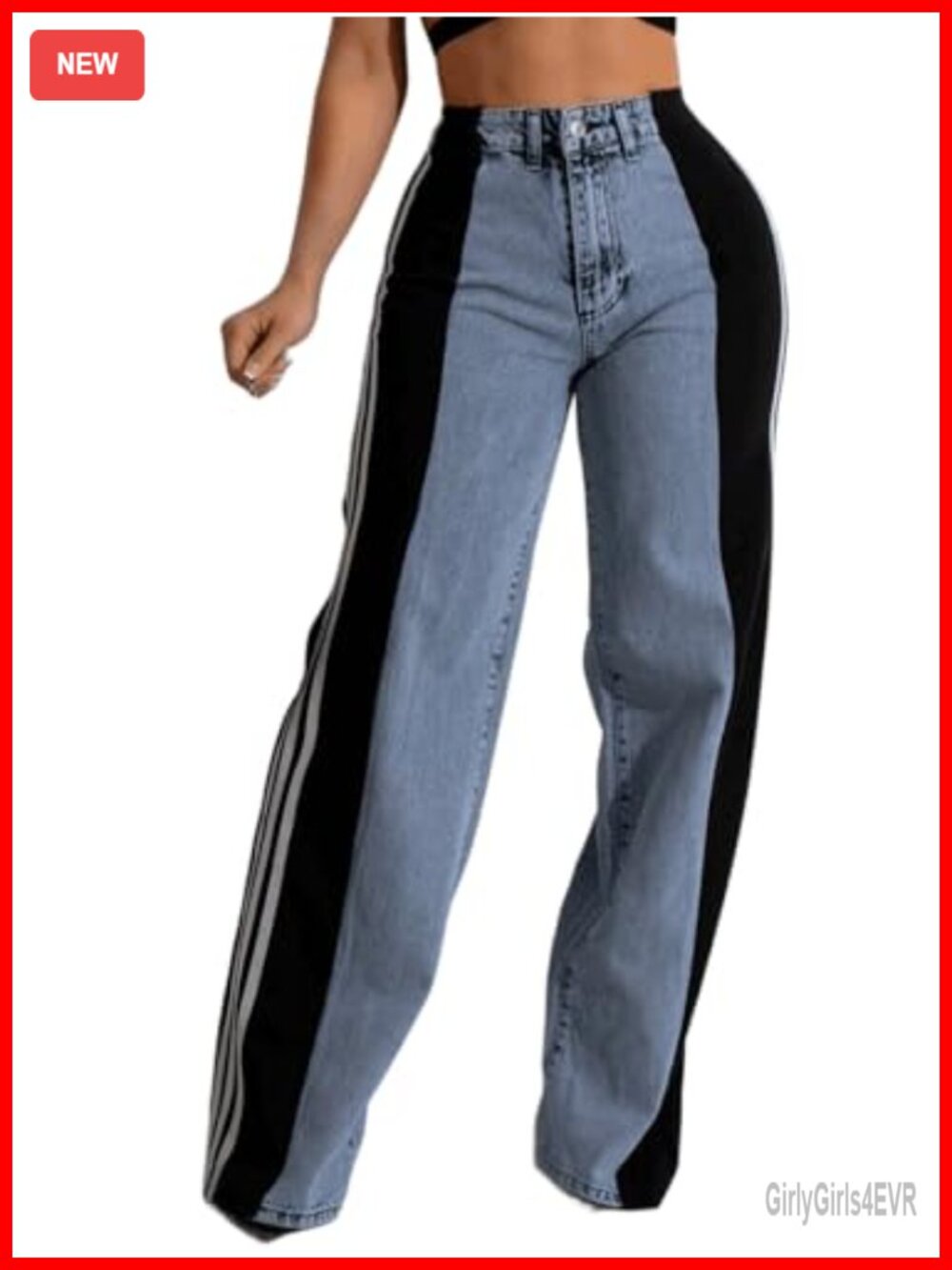 Wide Leg High Waisted Stretchy Denim Jeans with Patchwork Stripes Color Block